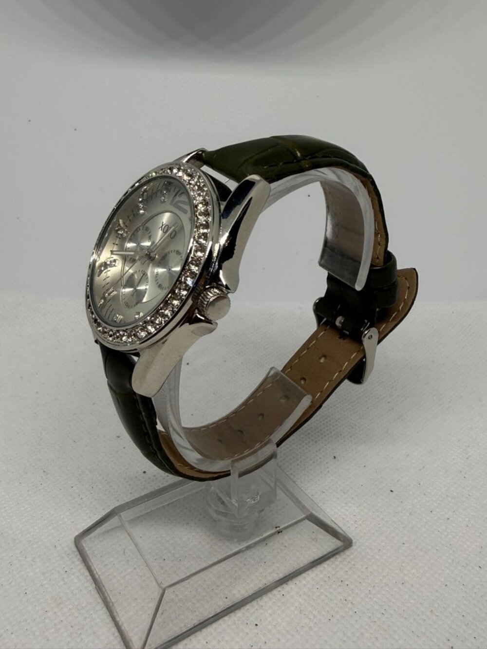 XOXO 3347 Women's 37mm Silver Crystal Bezel Faux Chrono Olive Green Band Watch - Picture 4 of 13